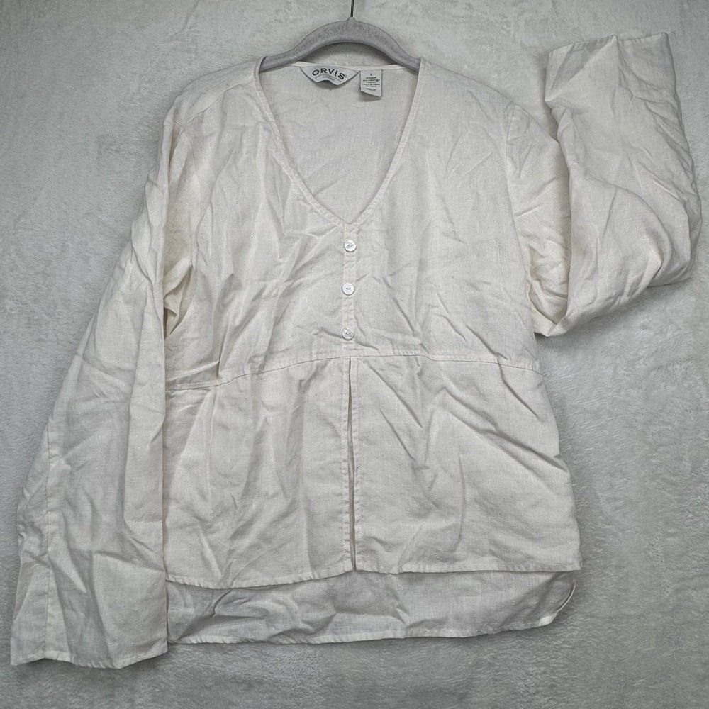 Orvis Hemp Blend Tunic Blouse Women's L White‎ Boho Coastal Cottagecore